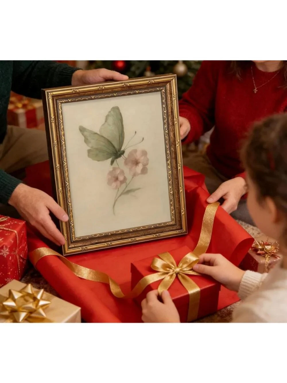 Vintage Gold Framed Butterfly & Flower Canvas Art | Rustic Cottagecore Wall